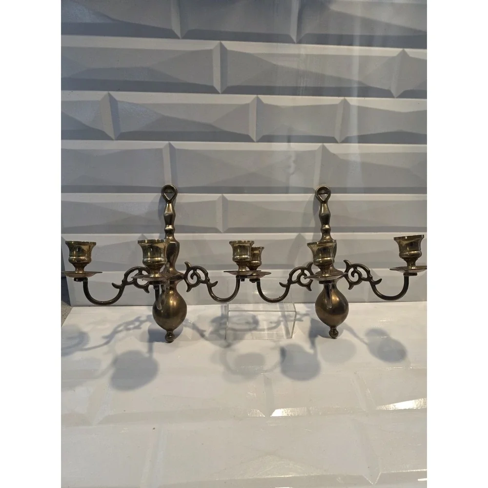 2 Vintage Brass 3 Arm Colonial Wall Sconce Candle Holders Pair 9